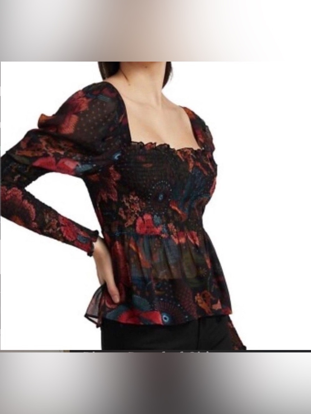 FARM Rio Black Multi Smocked Chiffon Square-Neck Floral Blouse